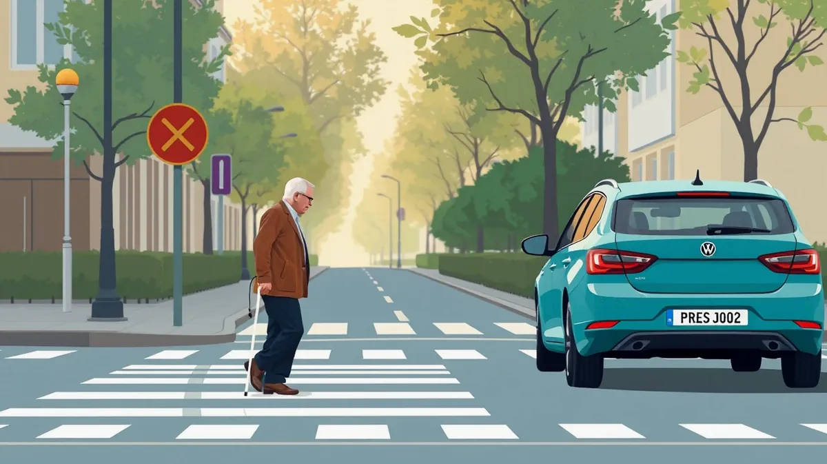 Zastavené auto pred priechodom pre chodcov za zníženej viditeľnosti a dažďa