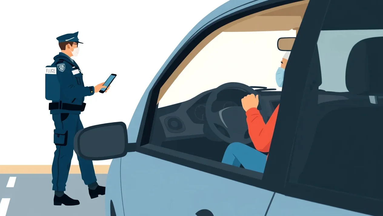 Vodič ukazujúci zelenú kartu v smartfóne policajnej hliadke pri kontrole