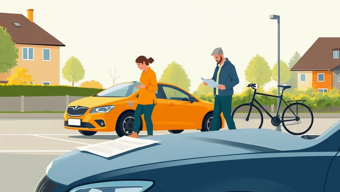 Vodič a cyklista kontrolujú poškodený bok auta po kolízii na ceste