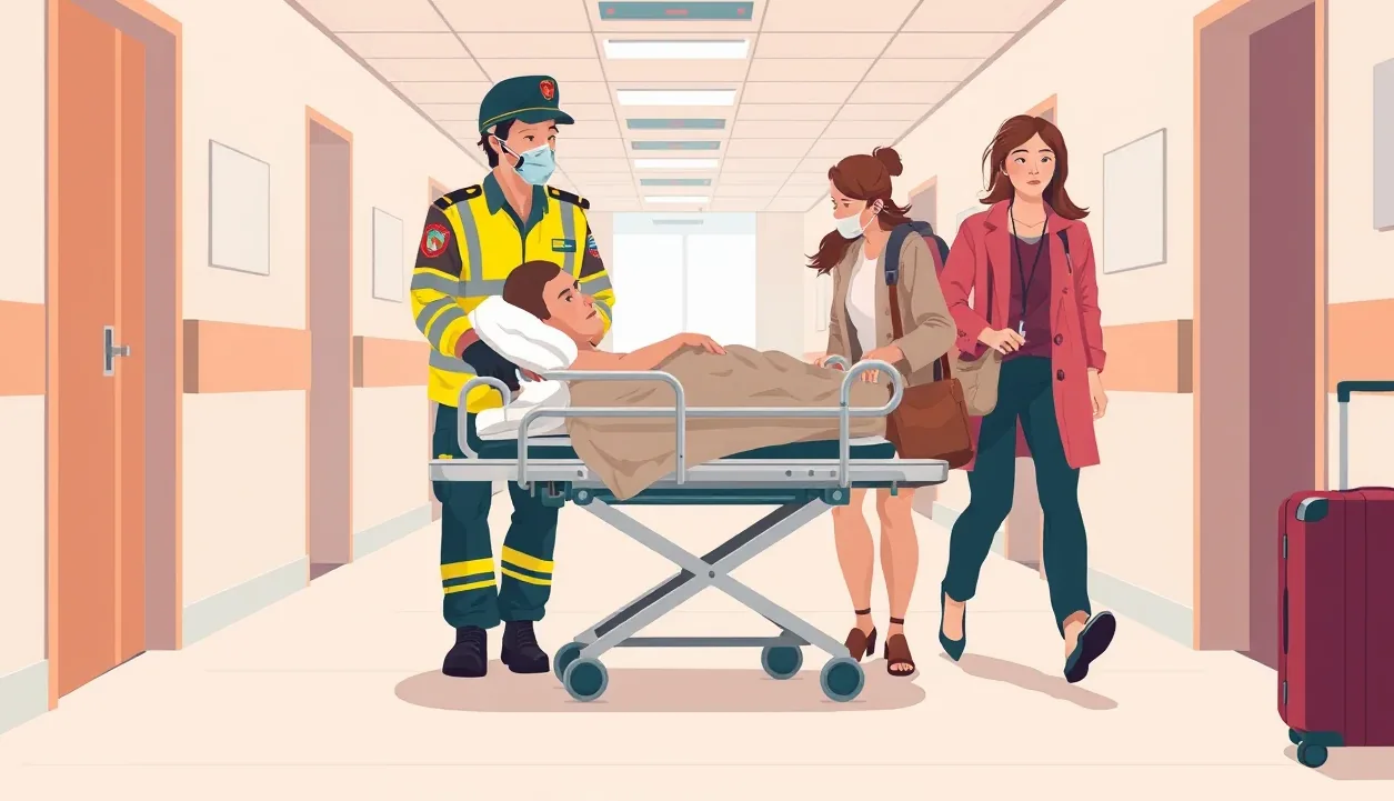 Lekár na pohotovosti v zahraničí kontroluje zdravotný stav pacienta po alergickej reakcii