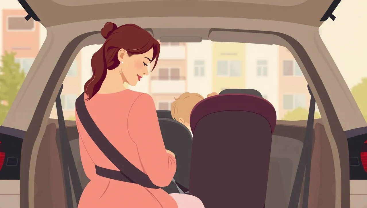 Pohľad na bezpečne upevnenú detskú autosedačku na zadnom sedadle osobného auta