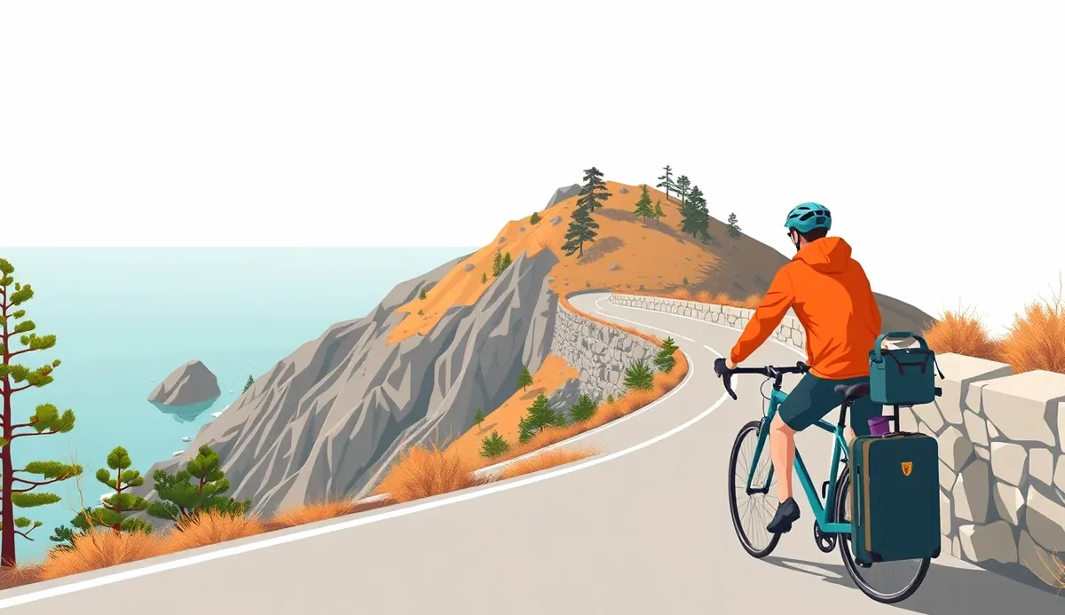 Cyklista na kľukatej asfaltovej ceste v pohorí Serra de Tramuntana