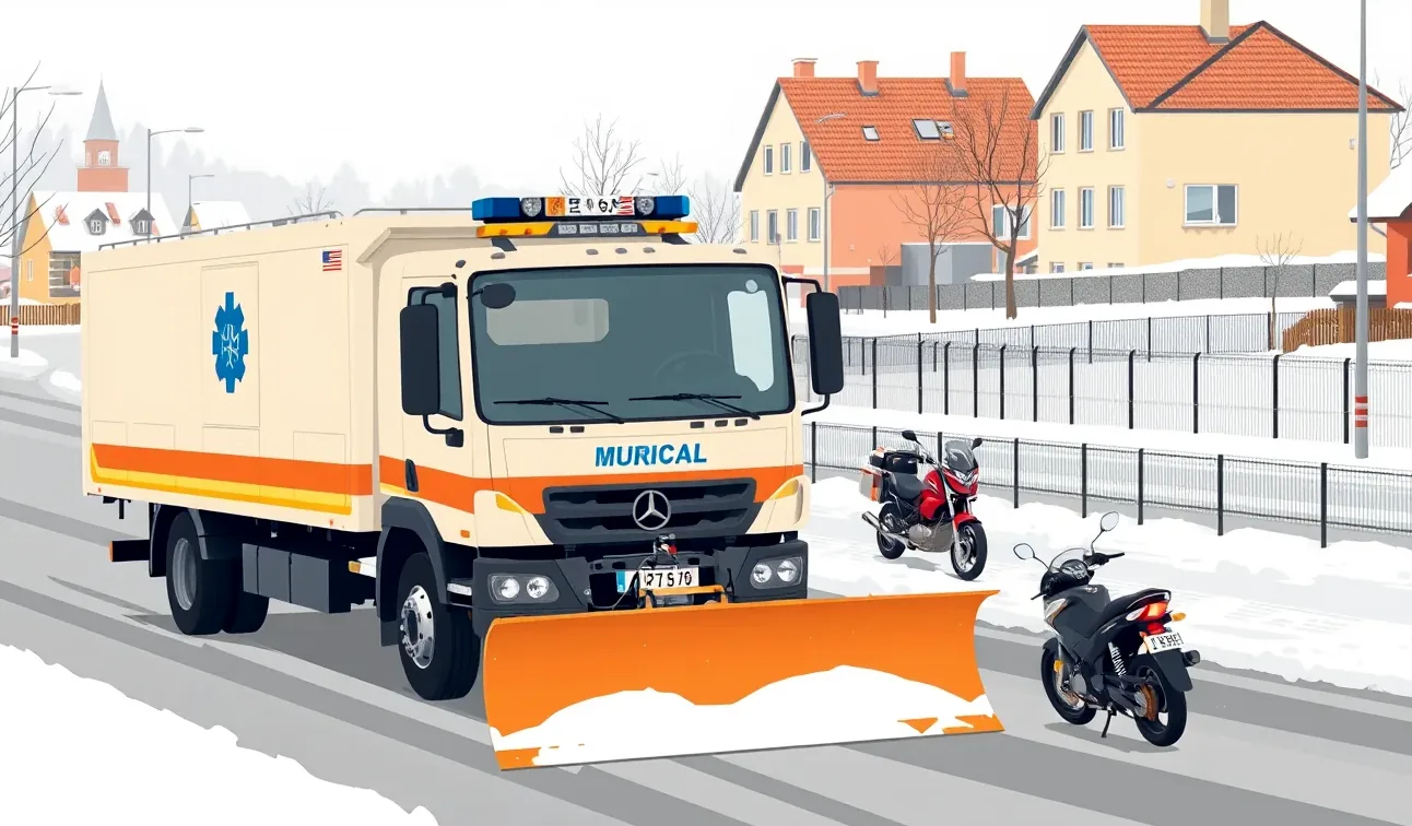 Komunálny traktor s pripojenou radlicou pri zimnej údržbe cesty