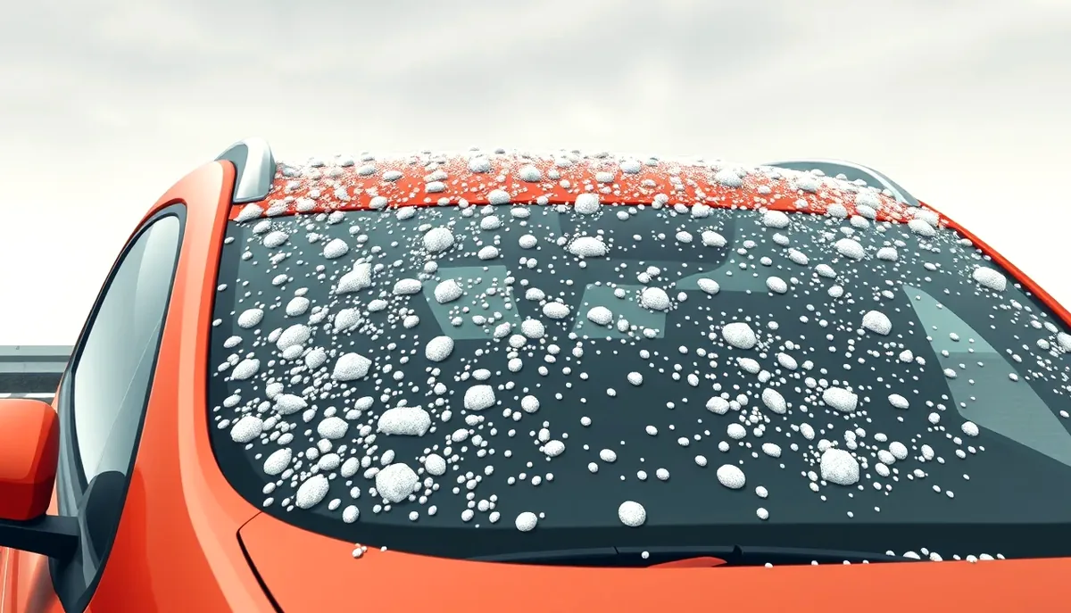 Detail preliačenej kapoty automobilu po zásahu veľkými ľadovými krúpami