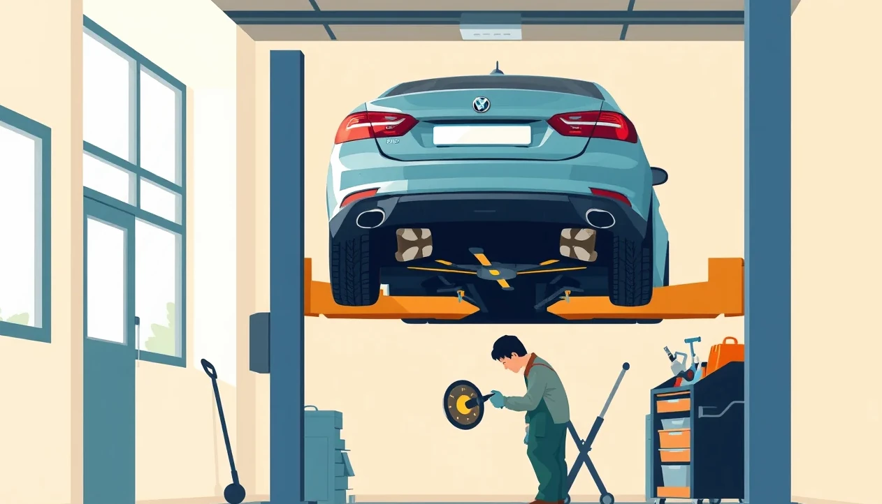 Mechanik v montérkach kontroluje zavesenie kolies na zdvihnutom aute v autoservise
