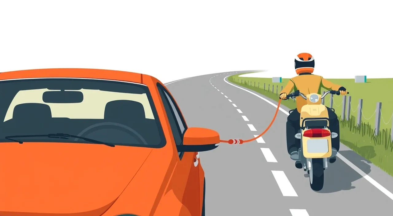 Dve autá prepojené napnutým vlečným lanom stojace na krajnici cesty po poruche motora