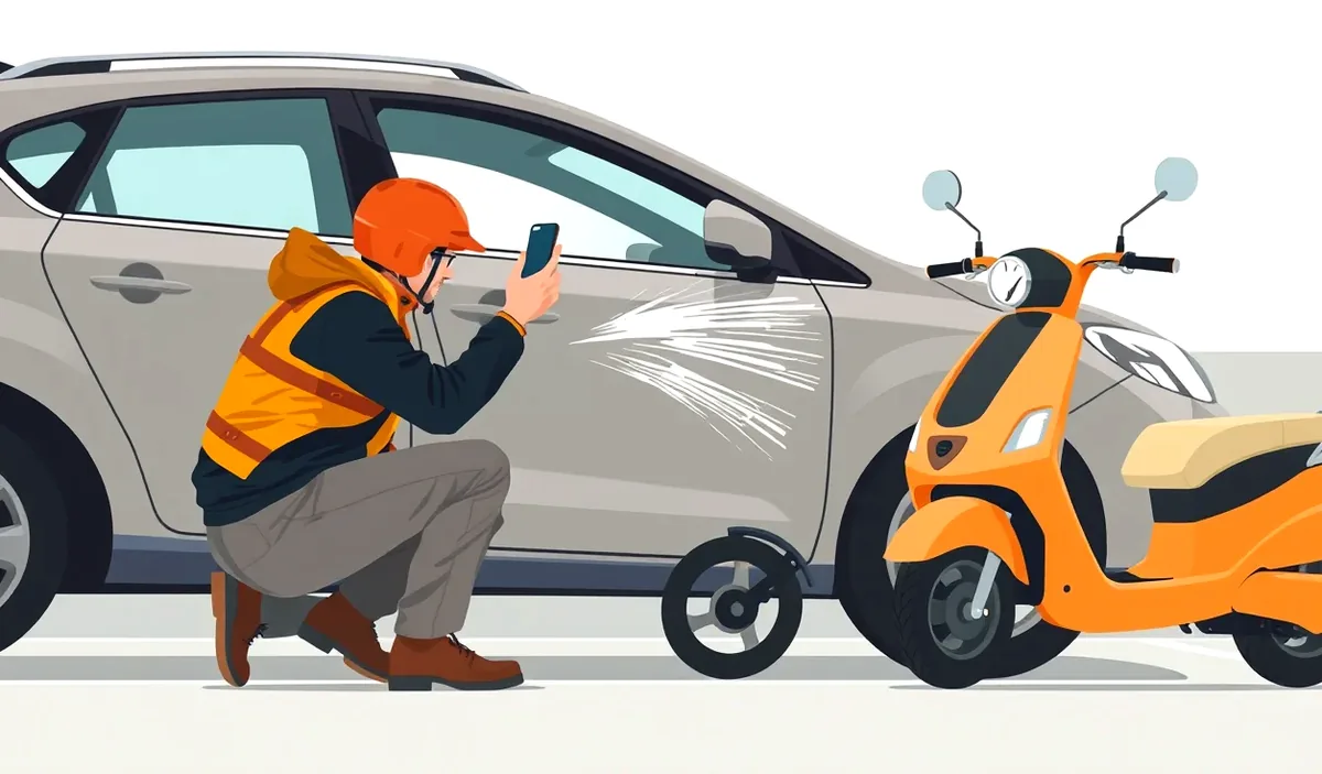 Poškodený nárazník osobného auta po zrážke s elektrickou kolobežkou v meste