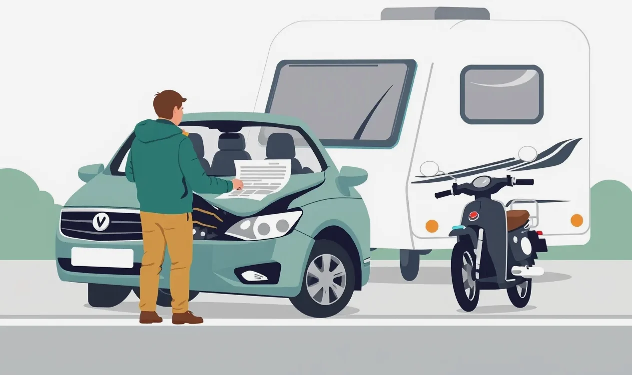 Obytný automobil a príves zaparkované vedľa seba pri ceste