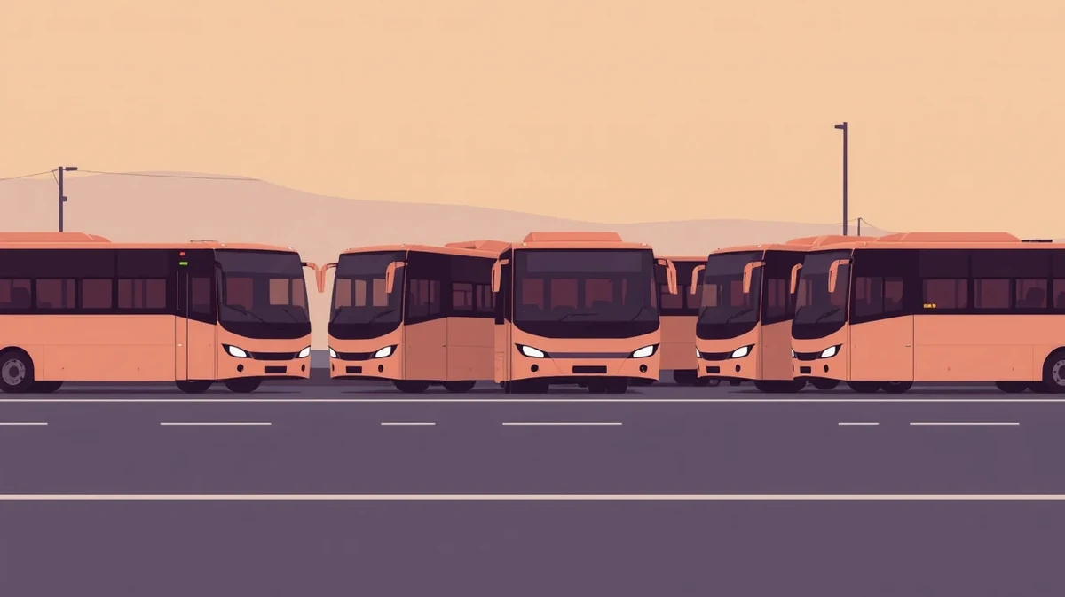 Rad moderných zájazdových autobusov zaparkovaných vo firemnom depe