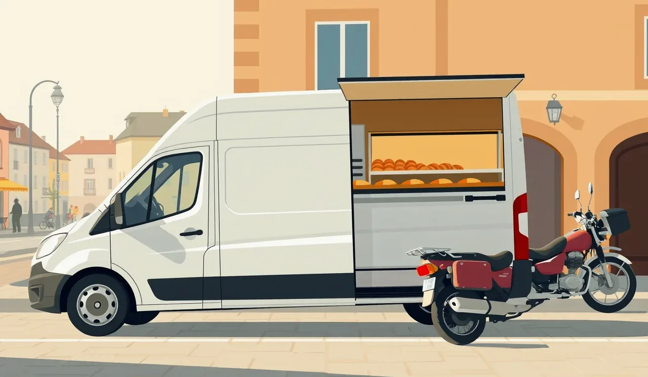 Moderný food truck zaparkovaný na mestskom trhu s otvorenou výdajnou klapkou