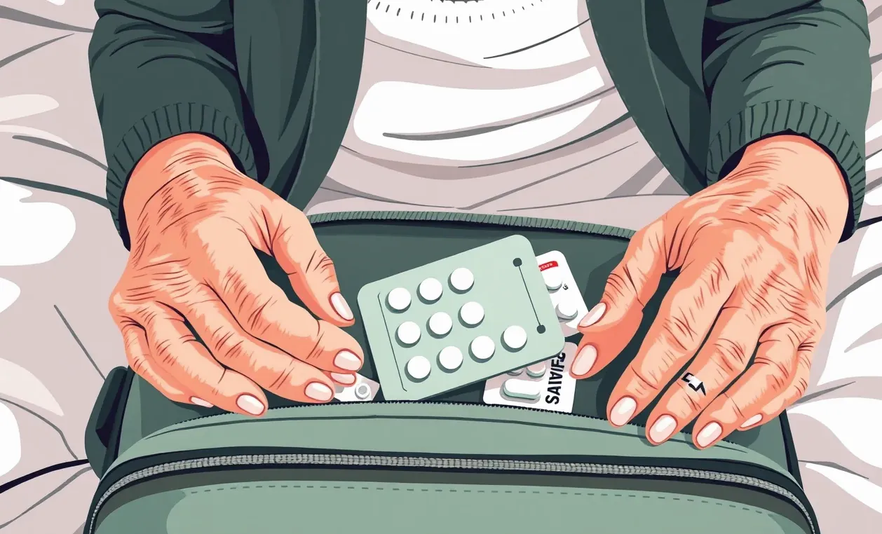 Seniorka s kufrom na letisku kontroluje odletovú tabuľu s mobilným telefónom v ruke