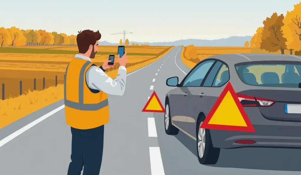 Vodič v reflexnej veste umiestňuje výstražný trojuholník za osobné auto po nehode na lesnej ceste