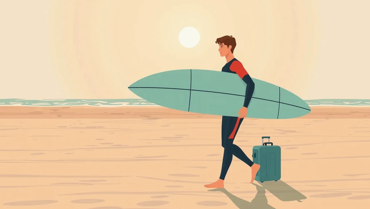 Surfer kontroluje poškodenú dosku na piesočnatej pláži po návrate z vody