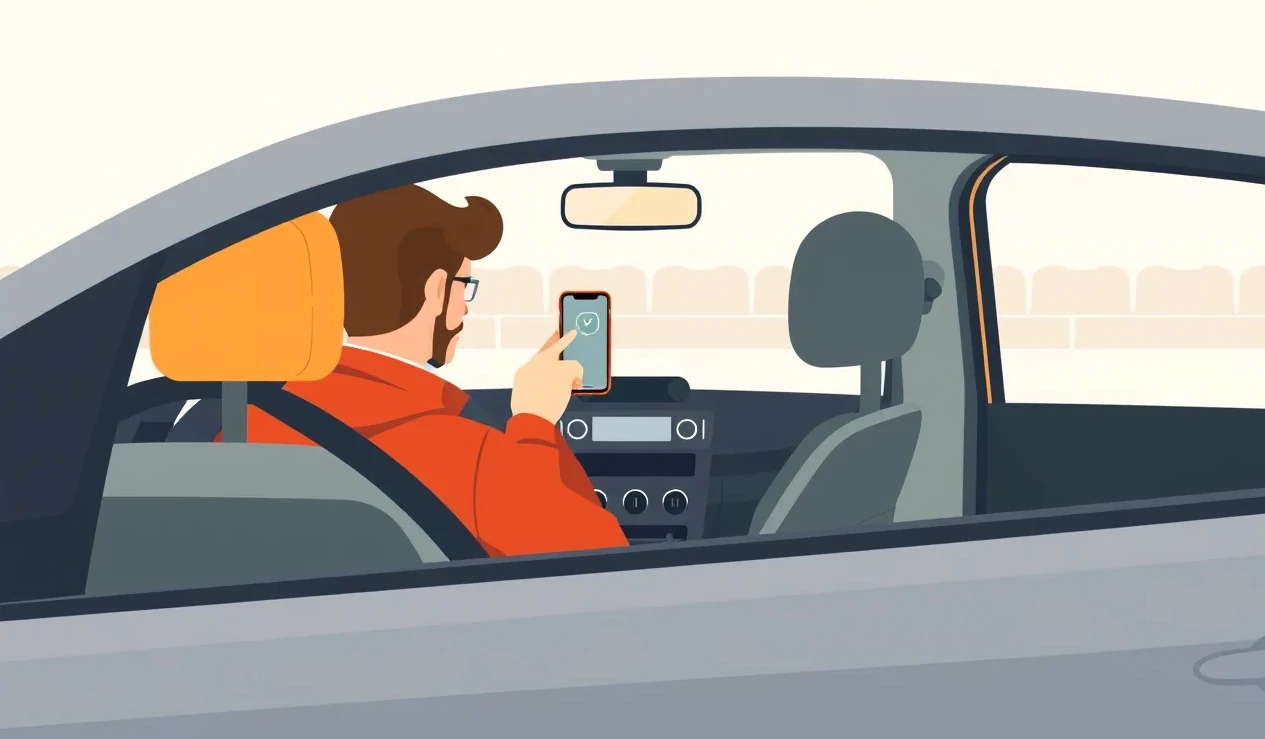 Pohľad na vodiča držiaceho smartfón vedľa volantu na križovatke