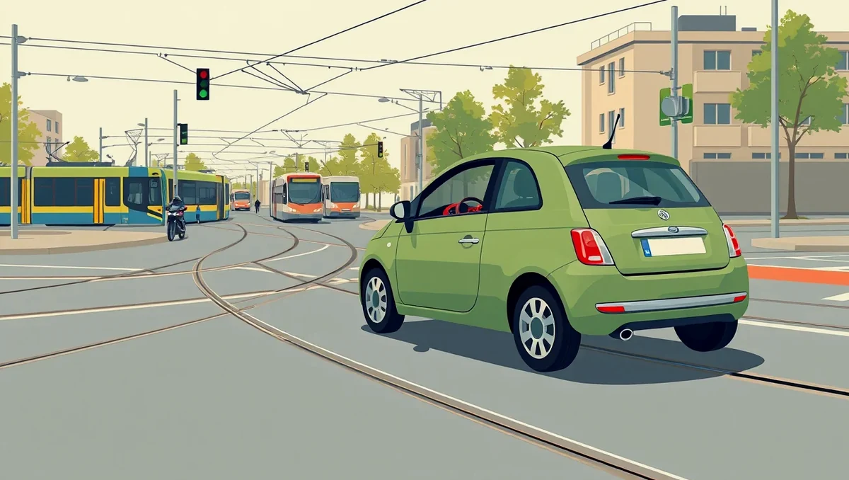Pohľad na električkové koľajisko a policajné vozidlo zabezpečujúce miesto kolízie v meste